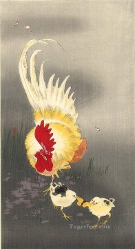 家禽 Painting - 雄鶏と雛 大原公孫鶏